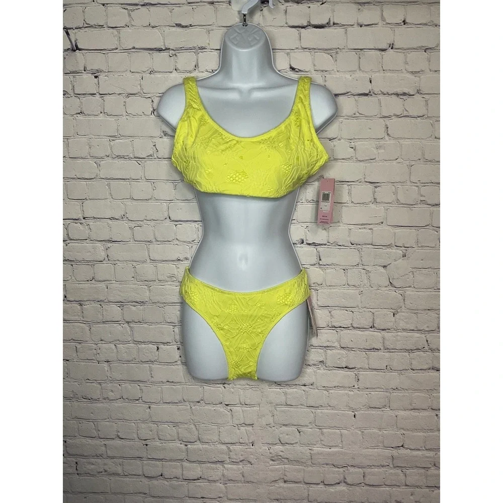 Hurley Crochet Soft Strap Bikini Set Yellow Cheeky Coverage Swimsuit size XS - Picture 2 of 4